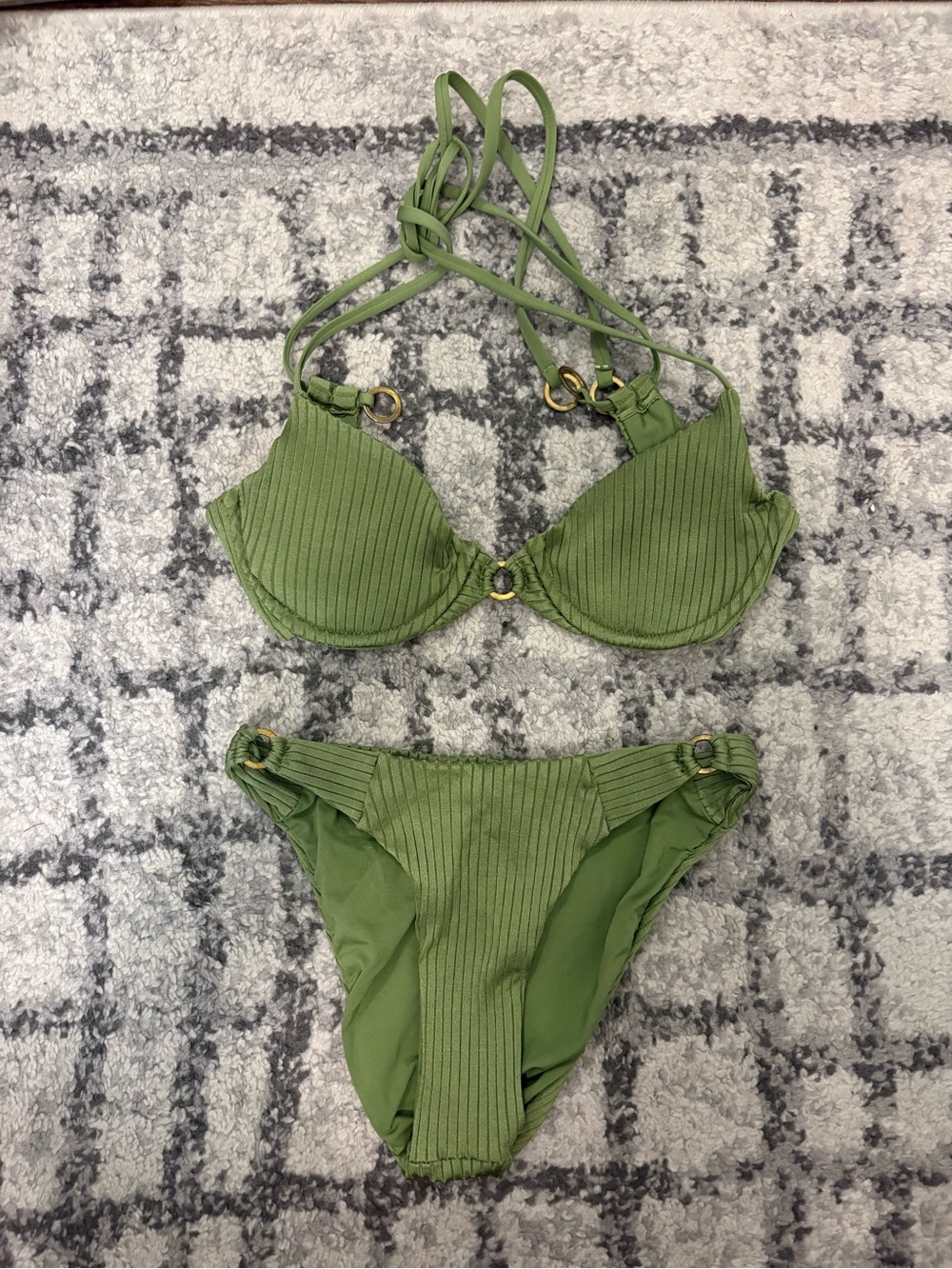 Green Ribbed Halter Bikini Set - Olive Swim Top & Bottom